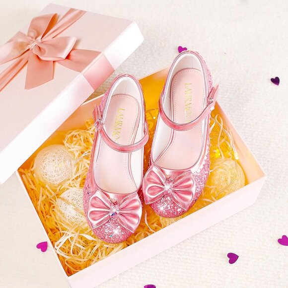 Girls Pink Sequins Cute Bow-knot Sparkle Mary Jane Flower Wedding Dress Shoes - Picture 6 of 7